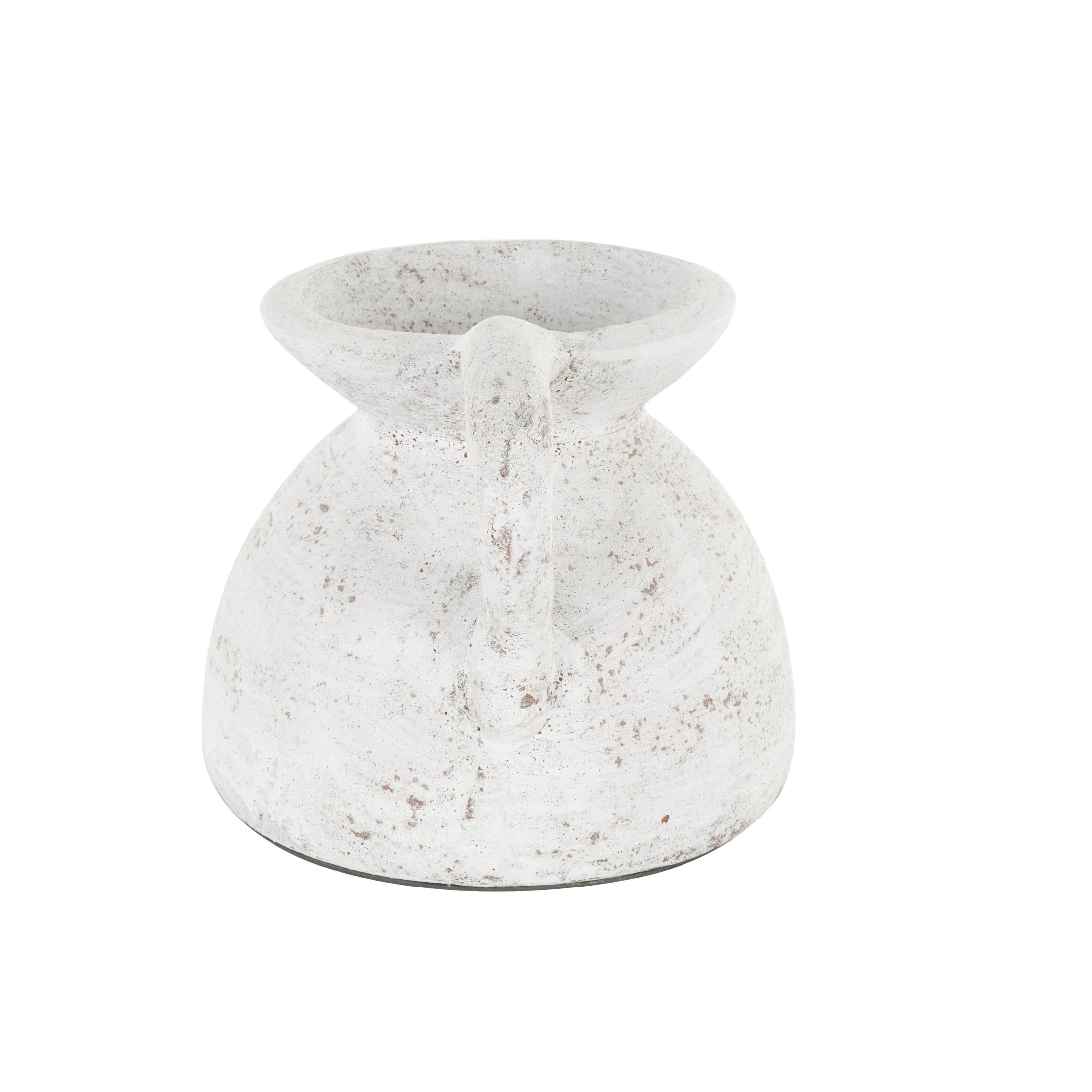 DecMode 9" Antique Style Textured Pot White Ceramic Vase with Handle