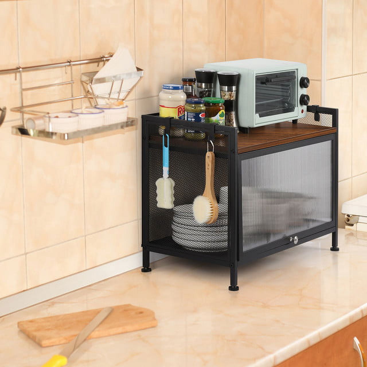 2-Tier Metal Black 23.62" Microwave Rack Storage Cabinet