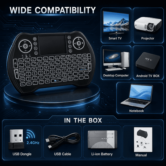 Backlit Keys Mini 2.4GHz Wireless Standard Keyboard with Touchpad & USB Receiver, Black