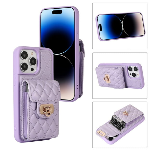 Dteck Wallet Crossbody Case for iPhone 14 Pro, Shockproof Leather Card Pocket Fashion Bag Case Heavy Duty Rubber Kickstand Cover with Shoulder Strap, Purple