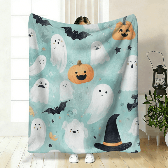 Spooky Halloween Flannel Blanket, Blue Black Orange Ghosts Bats, Soft Warm 280gsm Throw for Couch Bed, Contemporary Machine Washable Decor