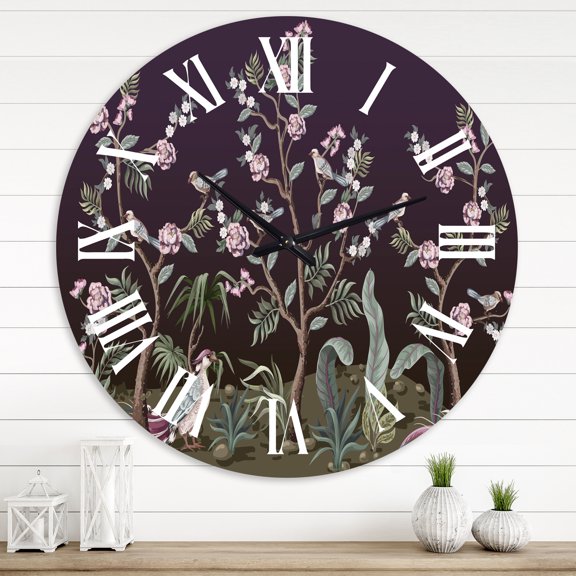 Designart 'Chinoiserie With Birds And Peonies I' Traditional Wall Clock