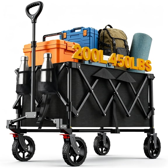 WildFinder Foldable Wagon Cart with Wheels, 450LBS Heavy Duty Collapsible Wagon Cart with Wheels&Adjustable Handle, Portable Utility Cart for Grocery Sports Garden Shopping Camping, Black