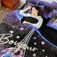 thumbnail image 4 of Manfei Fashion Sequin Print Bedding Comforter Set 7pcs for Women, Paris Eiffel Tower Queen Bedding Sets, Dreamy Blue Bling Stars Reversible Queen Sheet Sets, Lightweight Room Decor, 4 of 7