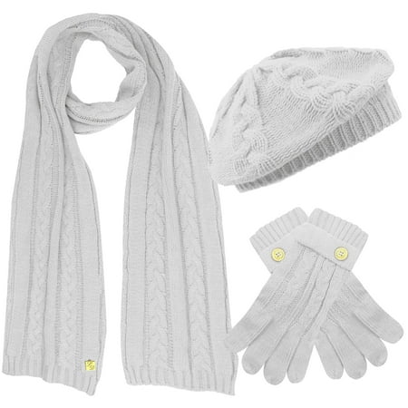 Cable Knit Beret Hat Scarf & Glove Matching 3 Piece Set Set - Walmart.com