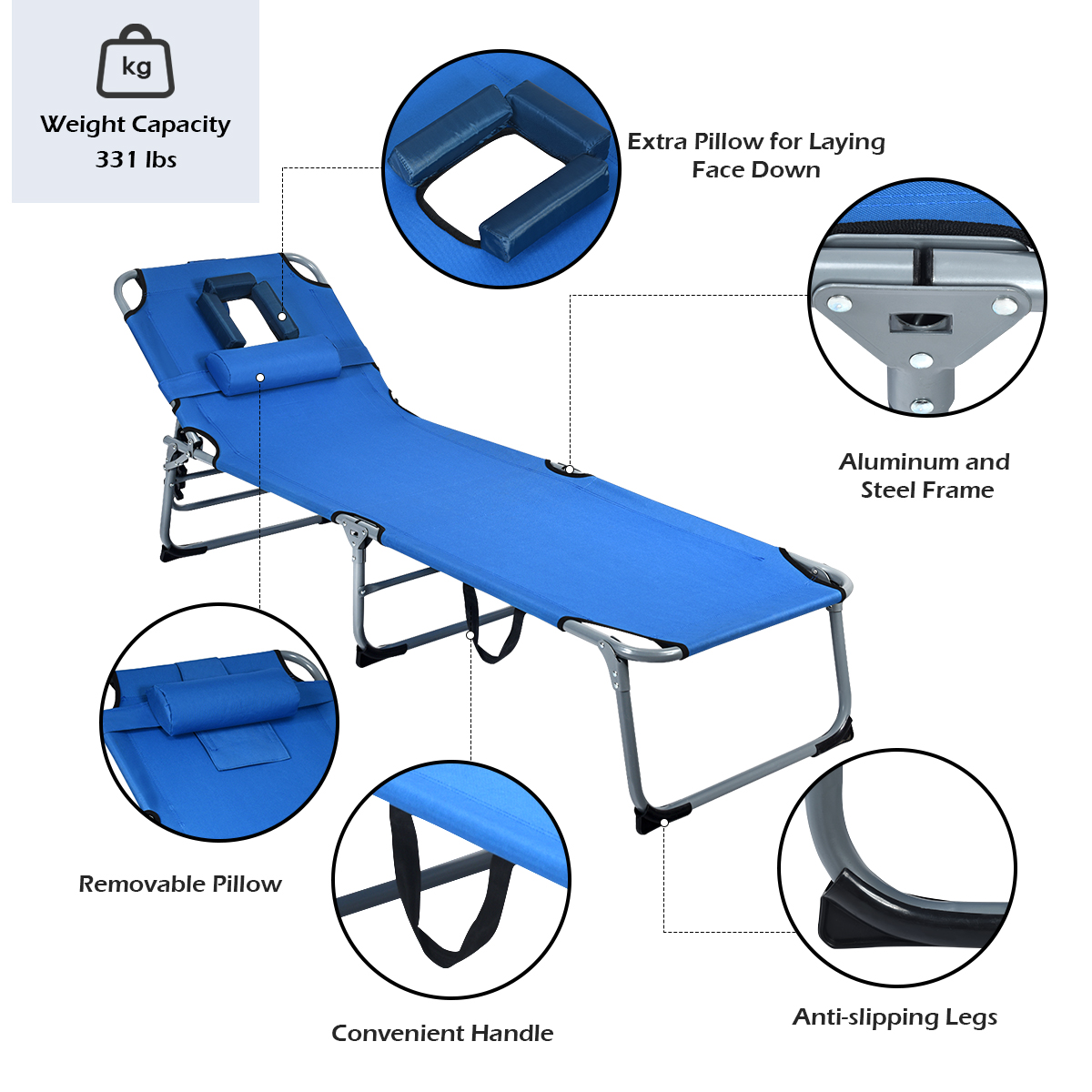 Patiojoy Foldable Lounge Chair Beach Adjustable Folding Recliner with Pillow Cavity Blue, Steel - image 5 of 9