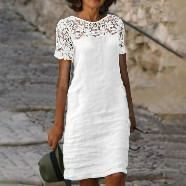 LOVZFMLL Robe Maxi Courte d'Été pour Femme à Col Rond, Couleur Unie, Décontractée, Sans Bretelles, pour Fête, Blanche, 2TG