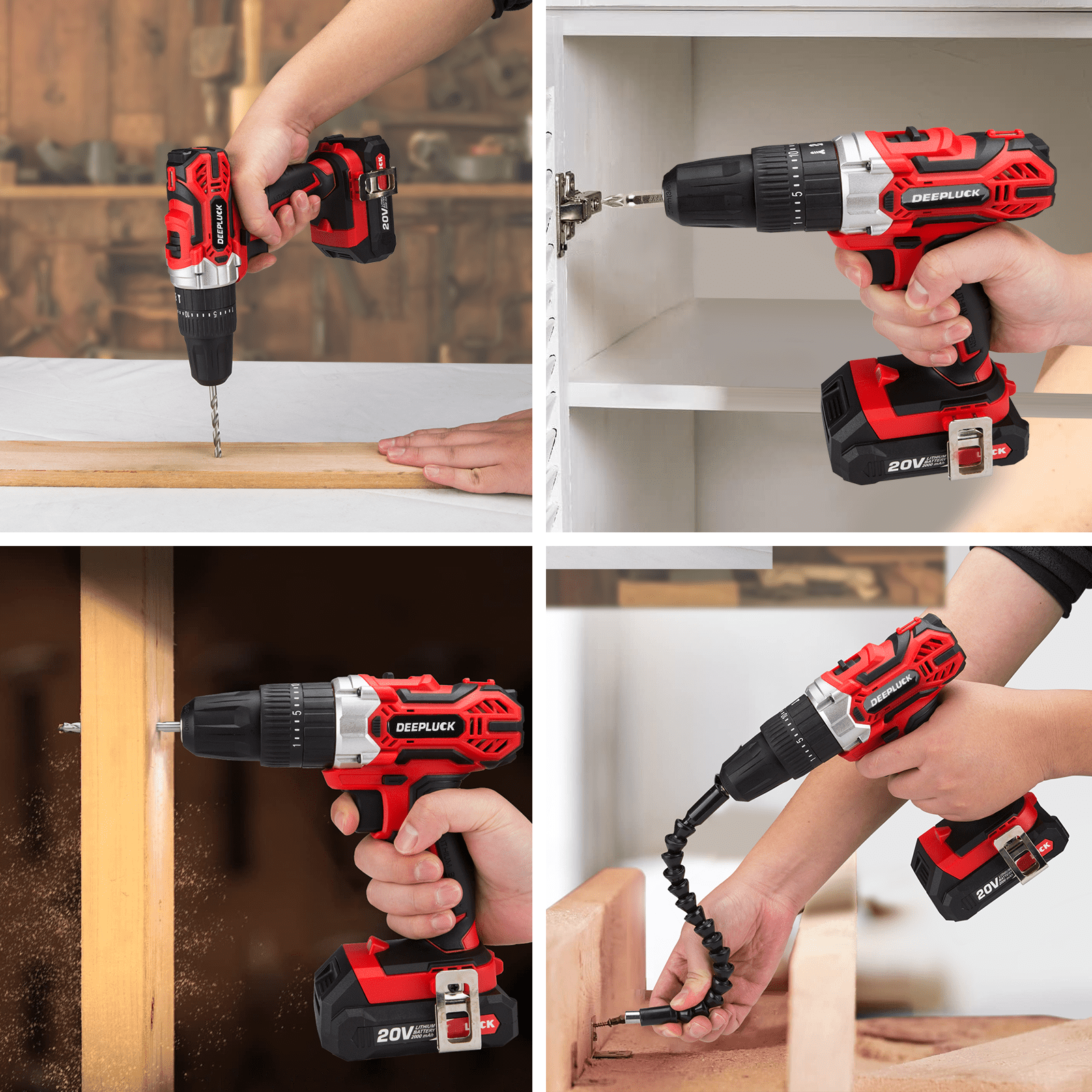 DEEPLUCK Cordless Drill Set, 20V Power Drill Kit with 2 X 2.0AH Battery, 44pcs Drill/Driver Bits, 1 Box Screws, Bubble Level, 3/8'' Chuck Electric Drill, 32NM, 21+3 Position, 2 Variable Speed
