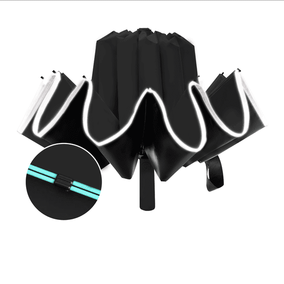 Large Double-Ribs Umbrella with Reflective Strips, Automatic Reverse Folding Umbrella, UPF50 , Rain and Sun, 46 Inch, 12 Ribs, Black