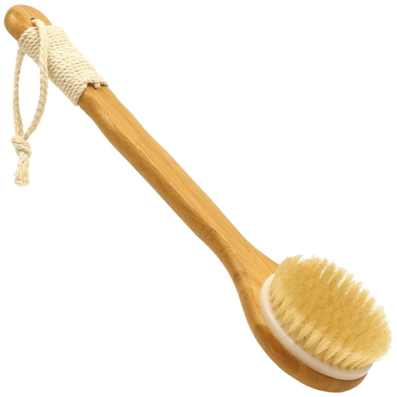 Long Handle Body Brush with Stiff Boar Bristles, 13.8 in / 35 cm Reach Extra Long Back Scrubber for Shower, Curved Wood Scrubber, Exfoliating Body Brush for Wet or Dry Use