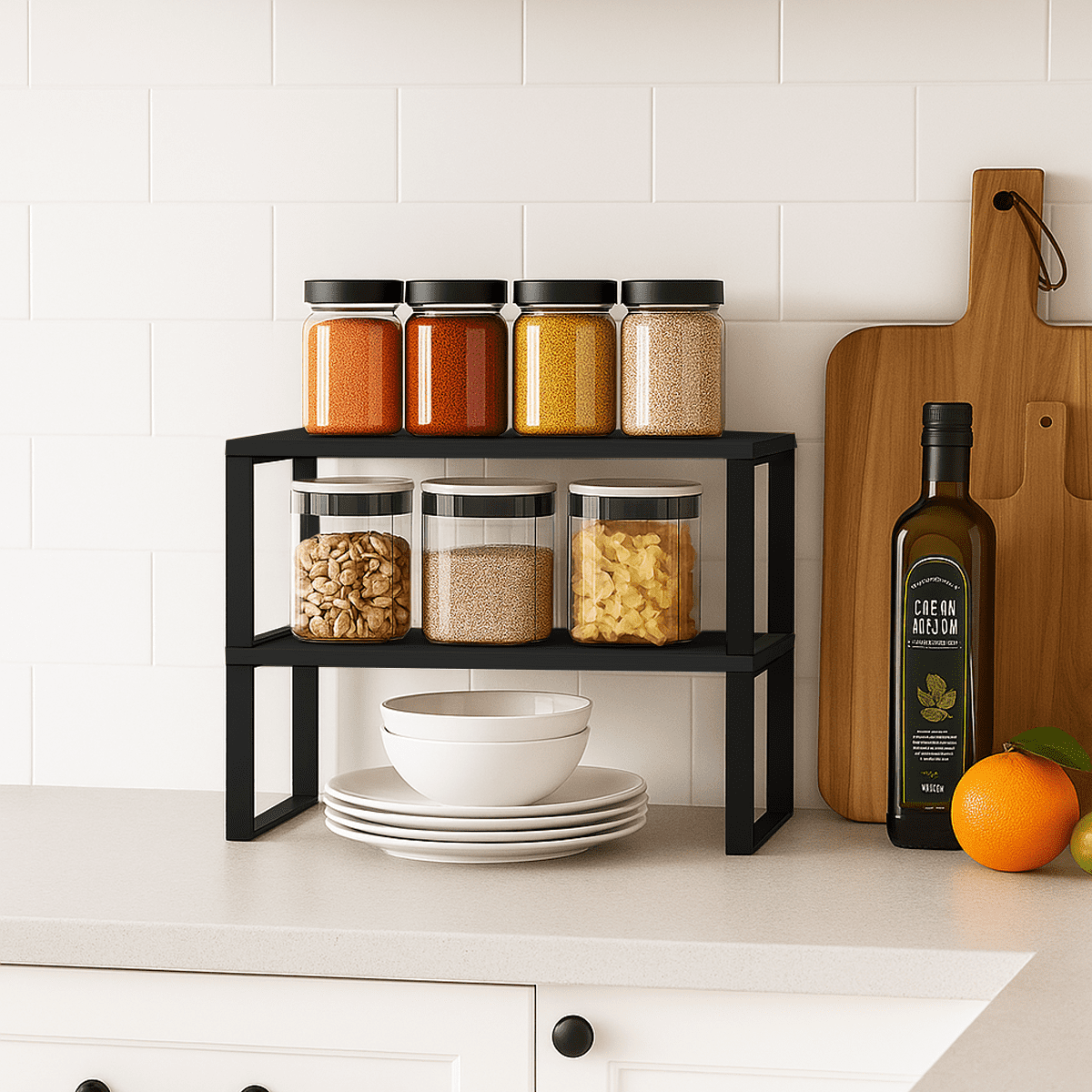 Sben Kitchen Shelf Cabinet Organizer, Set of 2, Counter Shelves, Kitchen Storage, Spice Rack, Stackable, Functional, Metal and Engineered Wood (Black)