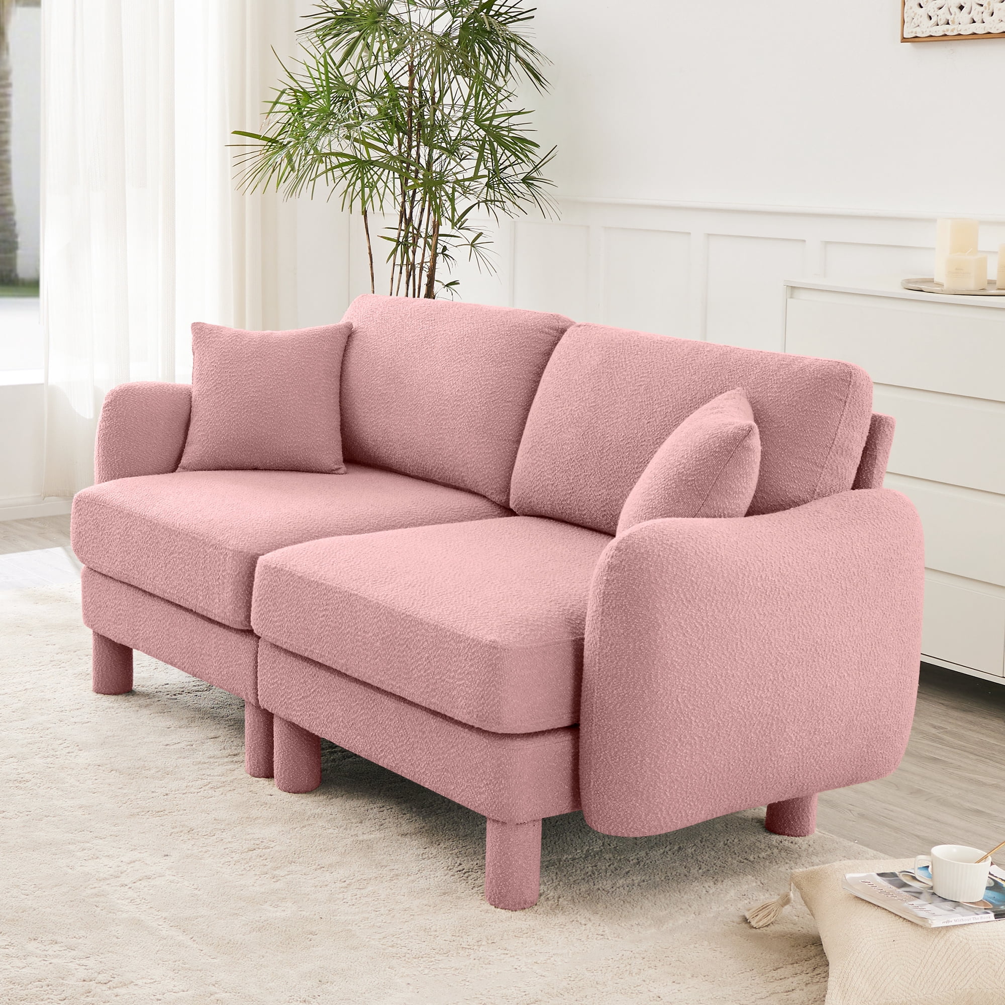 Gewnee Pink 2-Seater Boucle Loveseat with Shell Armrests & Fabric-Wrapped Cylindrical Legs - Ideal for Bedroom Reading Nook, Home Office Lounge