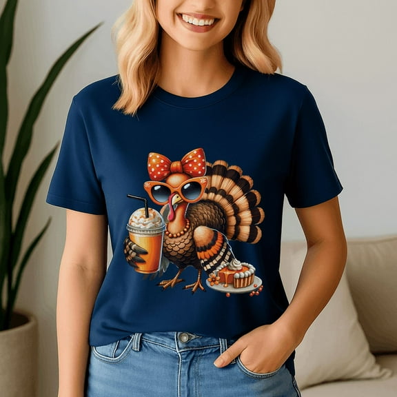 Thanksgiving Shirt,Turkey Drinking Coffee Bow,Turkey Day Tshirt