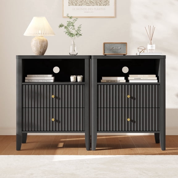 Fluted Nightstand with Charging Station Set of 2, 21"Wide Modern Bedside Table with 2 Drawers & Open Shelf, Wood End Table with Storage & Metal Handle for Bedroom, Living Room,Black Grey