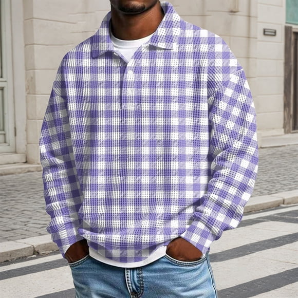 Adult Mens Polo T Shirt Long Sleeve Button Tees Shirts Basic Purple Dress Shirts for Men
