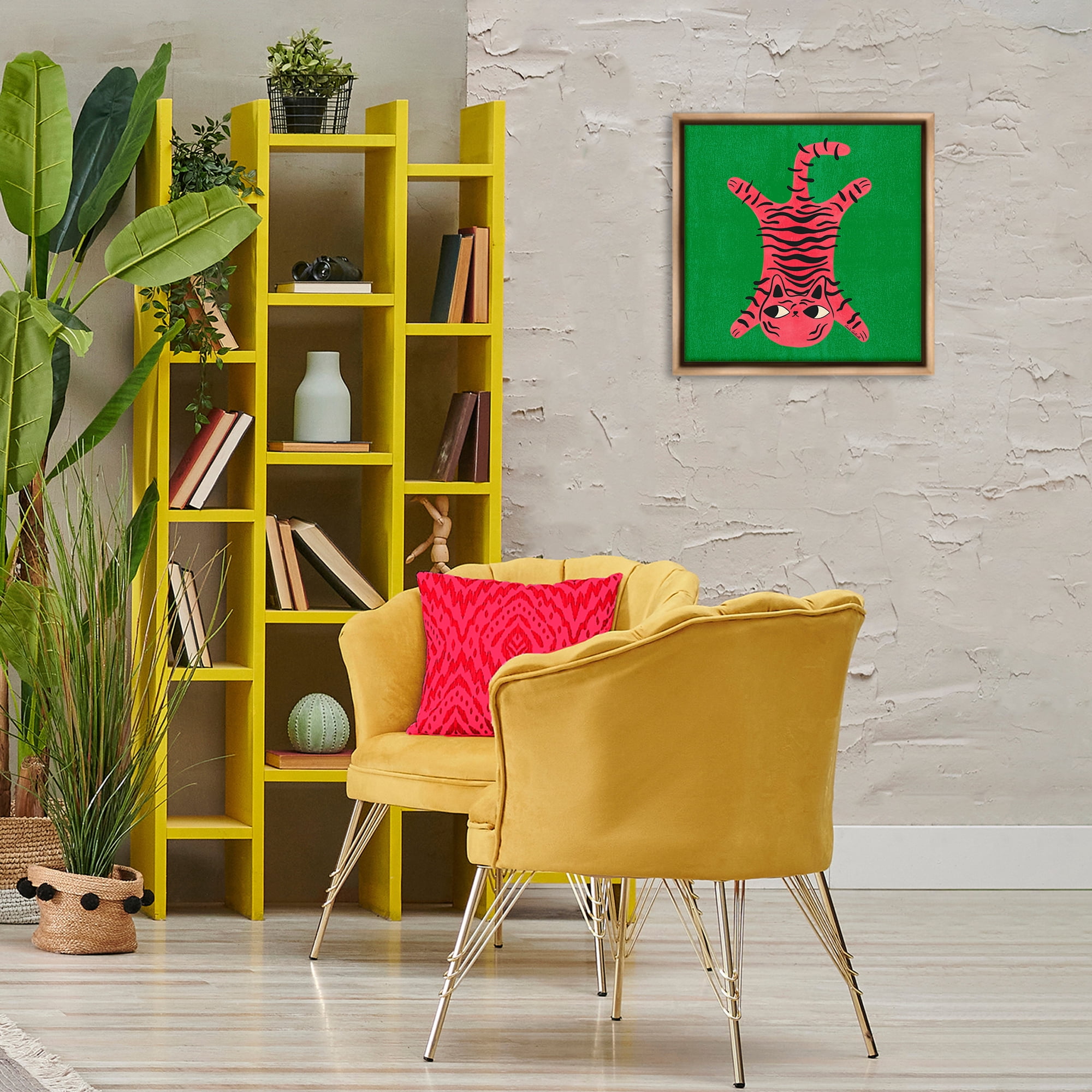 Stupell Industries Funky Retro Cat Pink Animals Painting Brown Floater Framed Canvas Art Print Wall Art, 18 x 18