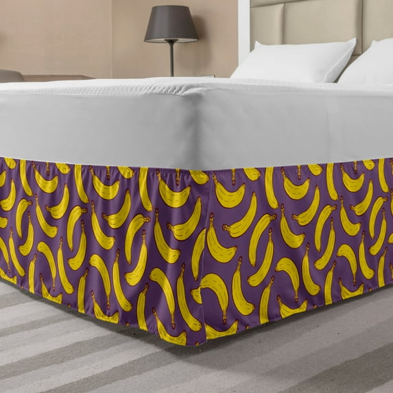 Violet Bed Skirt, Hand Drawn Repeated Cartoon Banana Fresh Fruit Motifs on Plain Backdrop, Elastic Bedskirt Dust Ruffle Wrap Around for Bedding Decor, 4 Sizes, Yellow Pale Eggplant, by Ambesonne