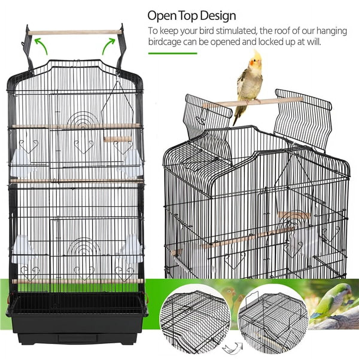 Alden Design Large 41" Metal Bird Cage with Play Top for Parakeets and Lovebirds, Black