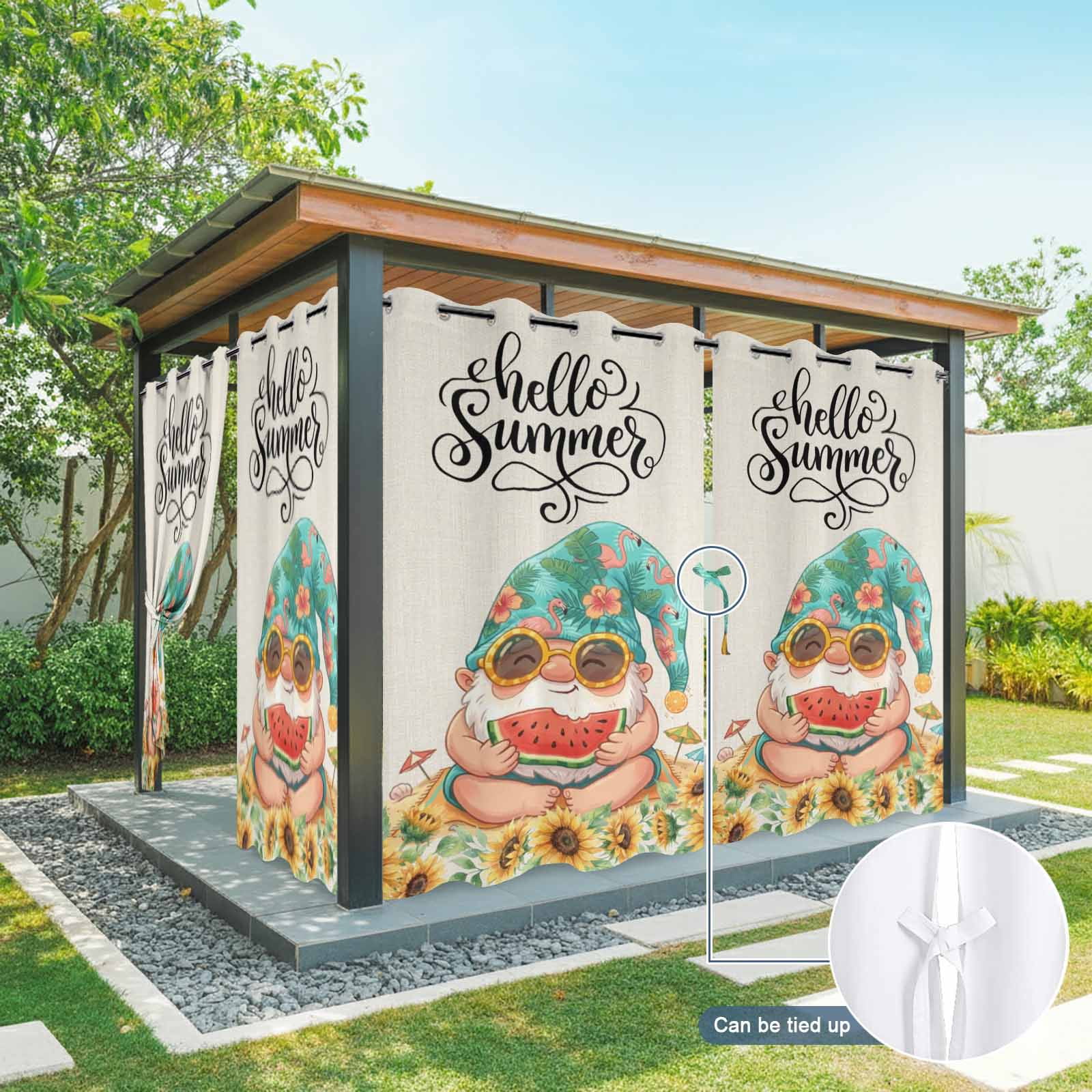 Hello Summer Outdoor Curtains for Patio Waterproof, Grommet Outdoor Privacy Panels, Cute Gnomes Watermolen Sunflowers Tropical Plants Weatherproof Outside Curtains for Porch 54"Wx108"L, 1 Panel