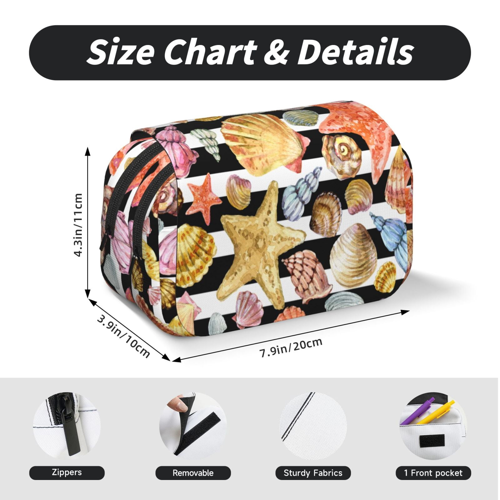 Rateoe Sea Shell Pattern Double Clamshell Pen Case, Storage Organizer with Two Zipper Compartments– Holds Up to 50 Pencils & Pens