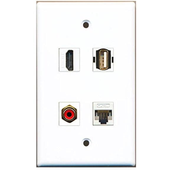 RiteAV - 1 Port HDMI 1 Port RCA Red 1 Port USB A-A 1 Port Cat5e Ethernet White Wall Plate