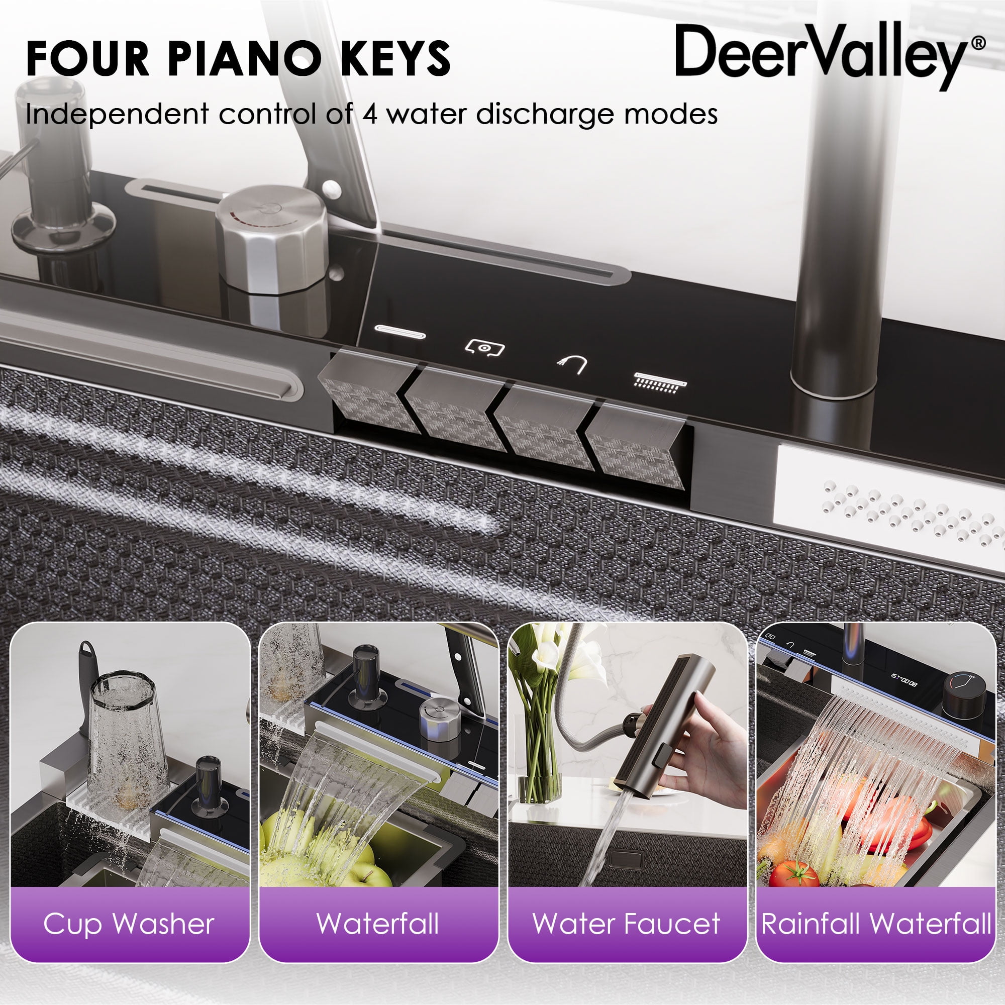 Deervalley 29.5" X 18" Smart Waterfall Kitchen Sink, Drop In Stainless Steel Digital Display Workstation Sink DV-1K0348