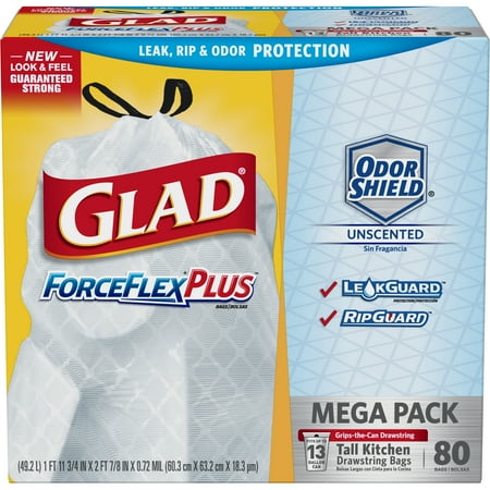 Glad Tall Kitchen Drawstring Trash Bags - ForceFlexPlus 13 gal White Trash Bag, OdorShield - 80 ct