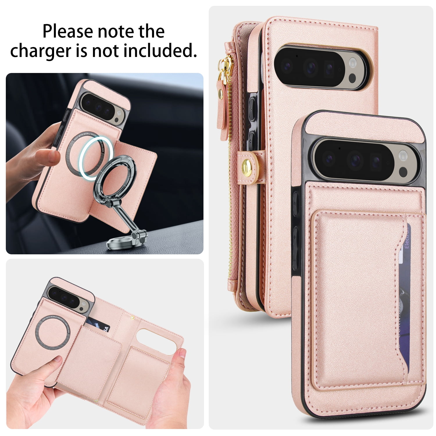 Designed for Google Pixel 8 Multi-Function Wallet Phone Case,With Shoulder Strap&Wrist Strap,Cash Pocket&Card Slots,Zipper Purse,Magnetic Detachable PU Leather Flip Phone Case,Rosegold