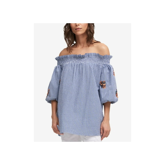 DKNY Cotton Seersucker Off The Shoulder Top Indigowhite S