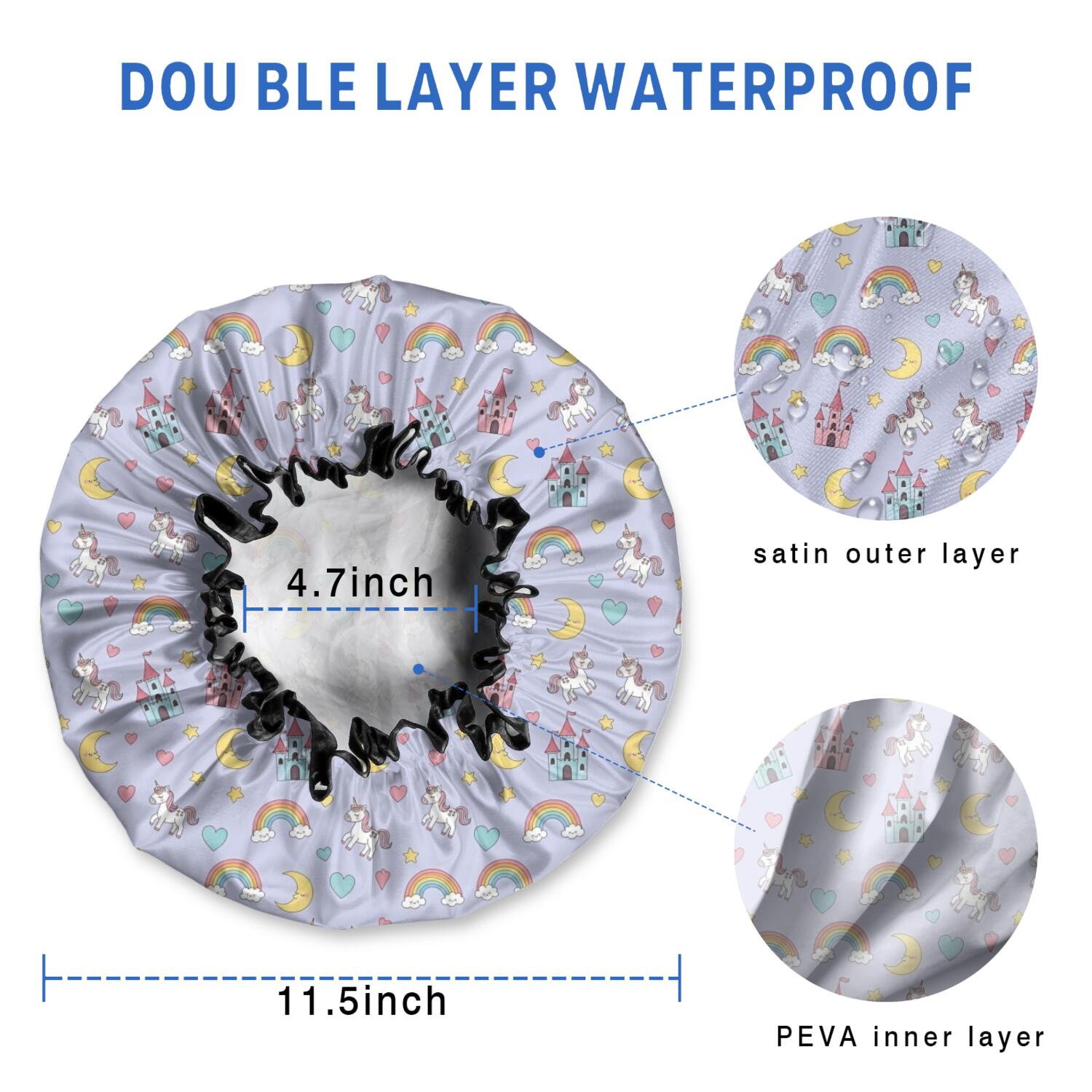 Shower Caps,Purple Cartoon Unicorn Castle Rainbow Moon Heart Waterproof Shower Cap for Women 4 Pieces,Double Reusable Hair Cover for Shower PEVA Elastic Stretch Hem