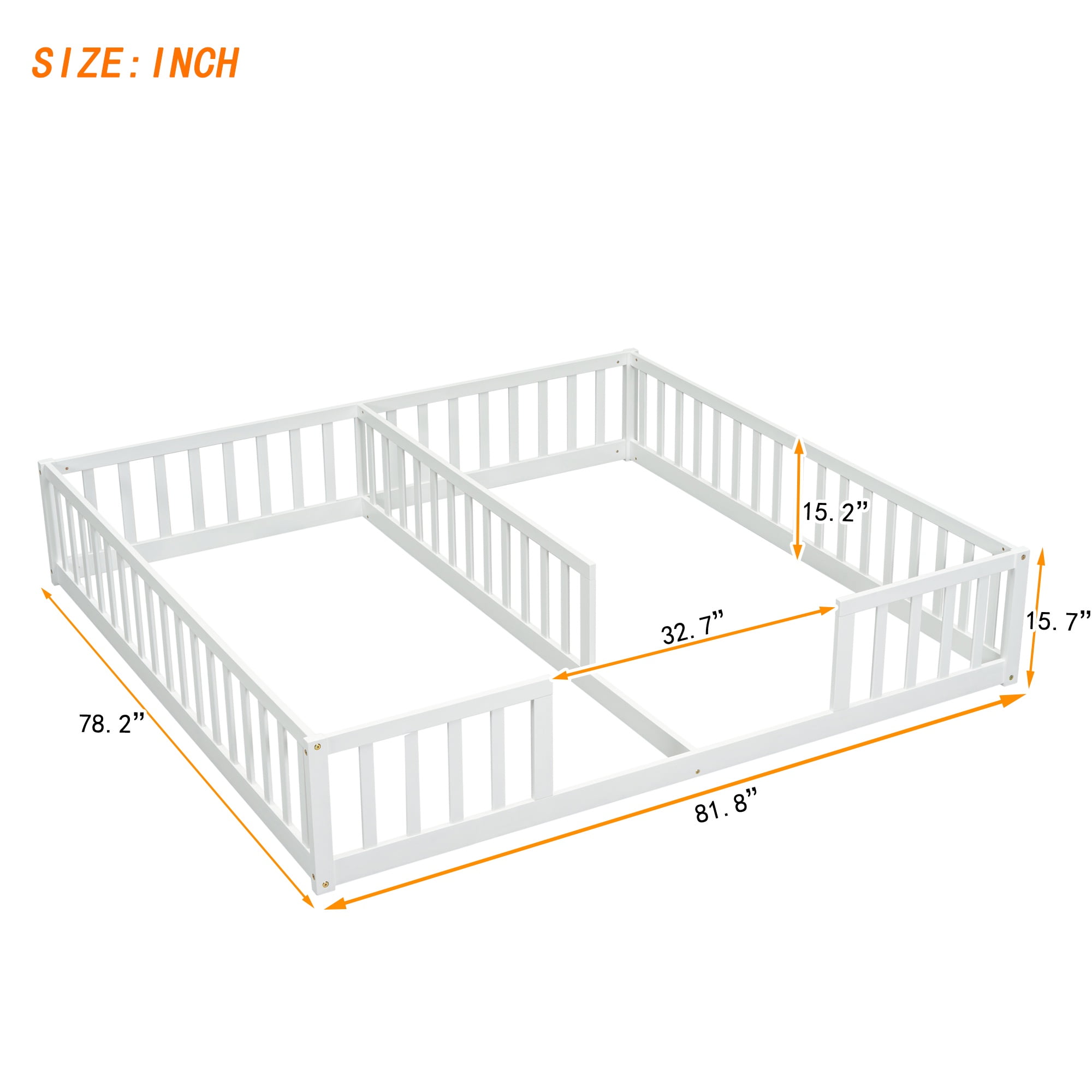 Bellemave Twin Floor Bed for 2, Wood Double Floor Bed with Fence,Two Montessori Bed Side by Side for Bedroom (White)