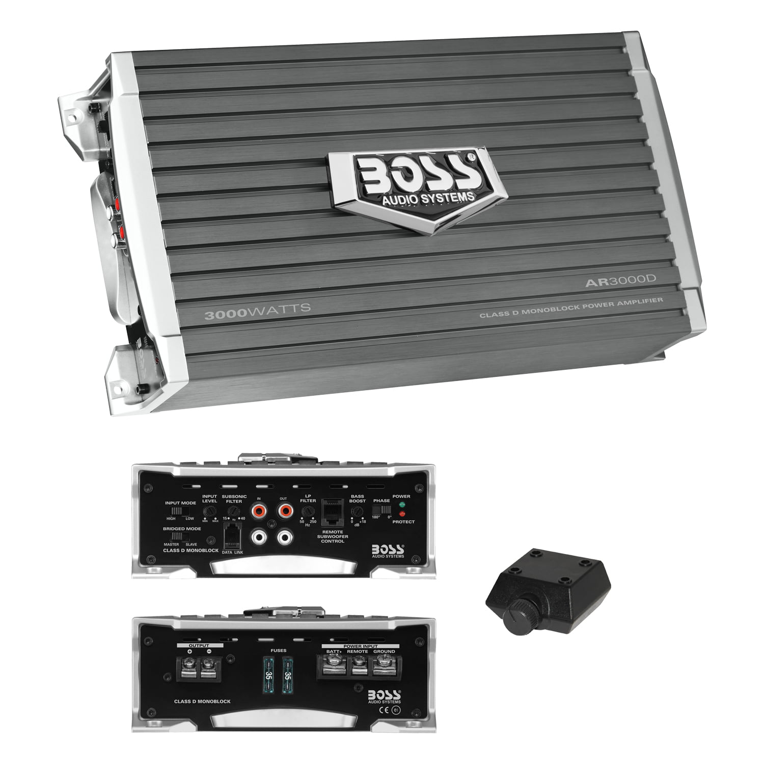 2 4 Ohm Stable Class AB BOSS Audio Systems AR2500M Monoblock Armor 2500 Watt Mosfet Car Amplifier with Remote Subwoofer Control 