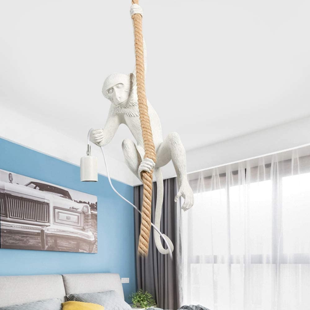 Fichiouy Chandelier Vintage Hemp Rope Monkey Pendant Light Fixture Chandelier for Dining Bar E27 White