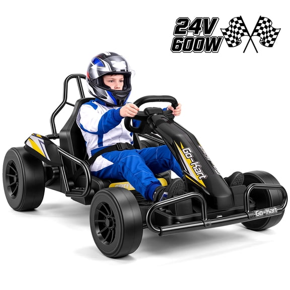 Funcid 24V 10Ah Big Battery Go Kart for Kids Age 6-12, Ride on Toys with 600W Motors, 7.5 MPH Electric Go Kart W/ EVA Wheels, 4-Level Adjustable Seat & 360° Drift Mode, LED Power Display, Black