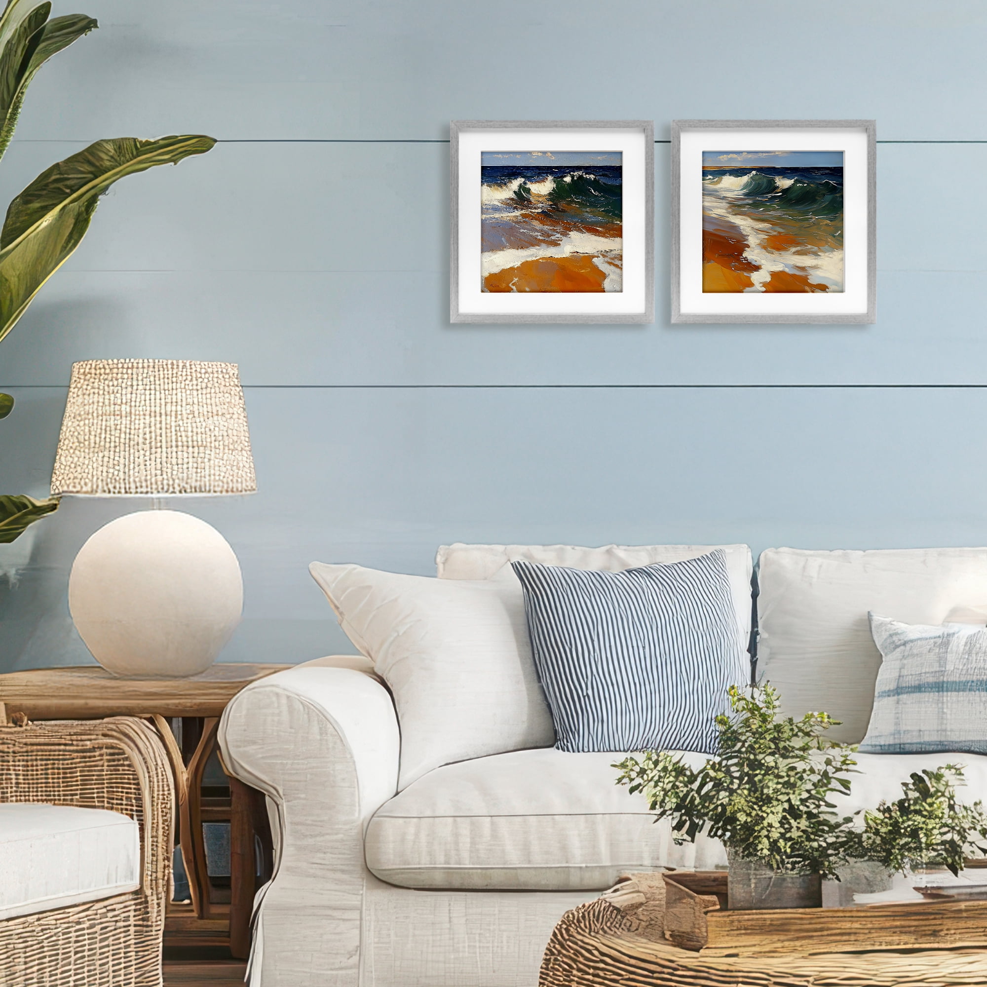Stupell Industries Glassy Coastal Break 2 Piece Gray Framed Print Under Glass Set, design by Walker Noble