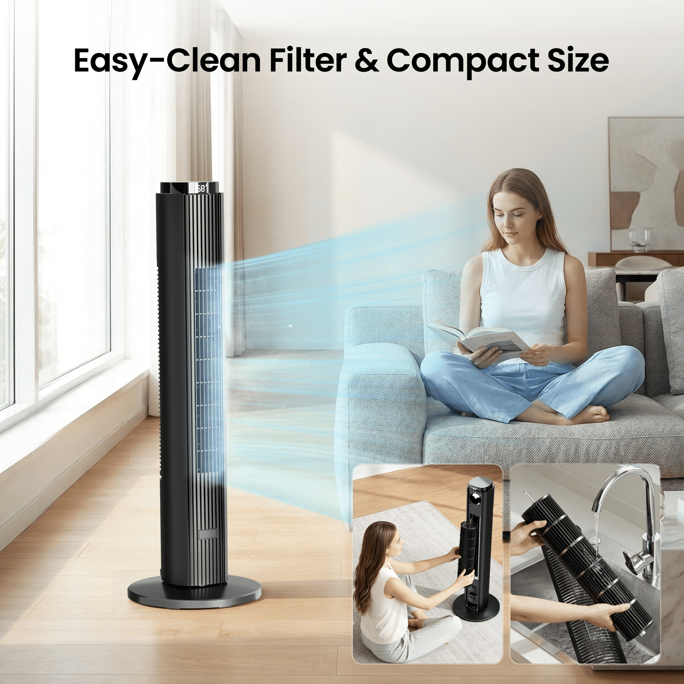 KISSAIR 37" Tower Fan with Remote, 6 Speeds, 4 Modes, LED Display, 12H Timer, 90° Oscillating, Bladeless Quiet Fan for Bedroom, Home & Office, Black