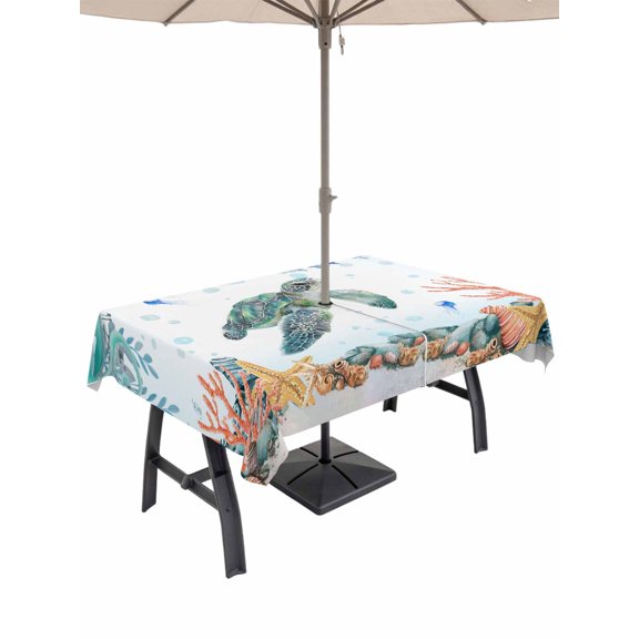 Outdoor Tablecloths with Umbrella Hole & Zipper, Sea Turtle Coastal 54x80 Inch Tablecloth Rectangle, Summer Nautical Starfish Coral Ocean Waterproof Table Cloth, Patio/Pool/Picnic Table Covers