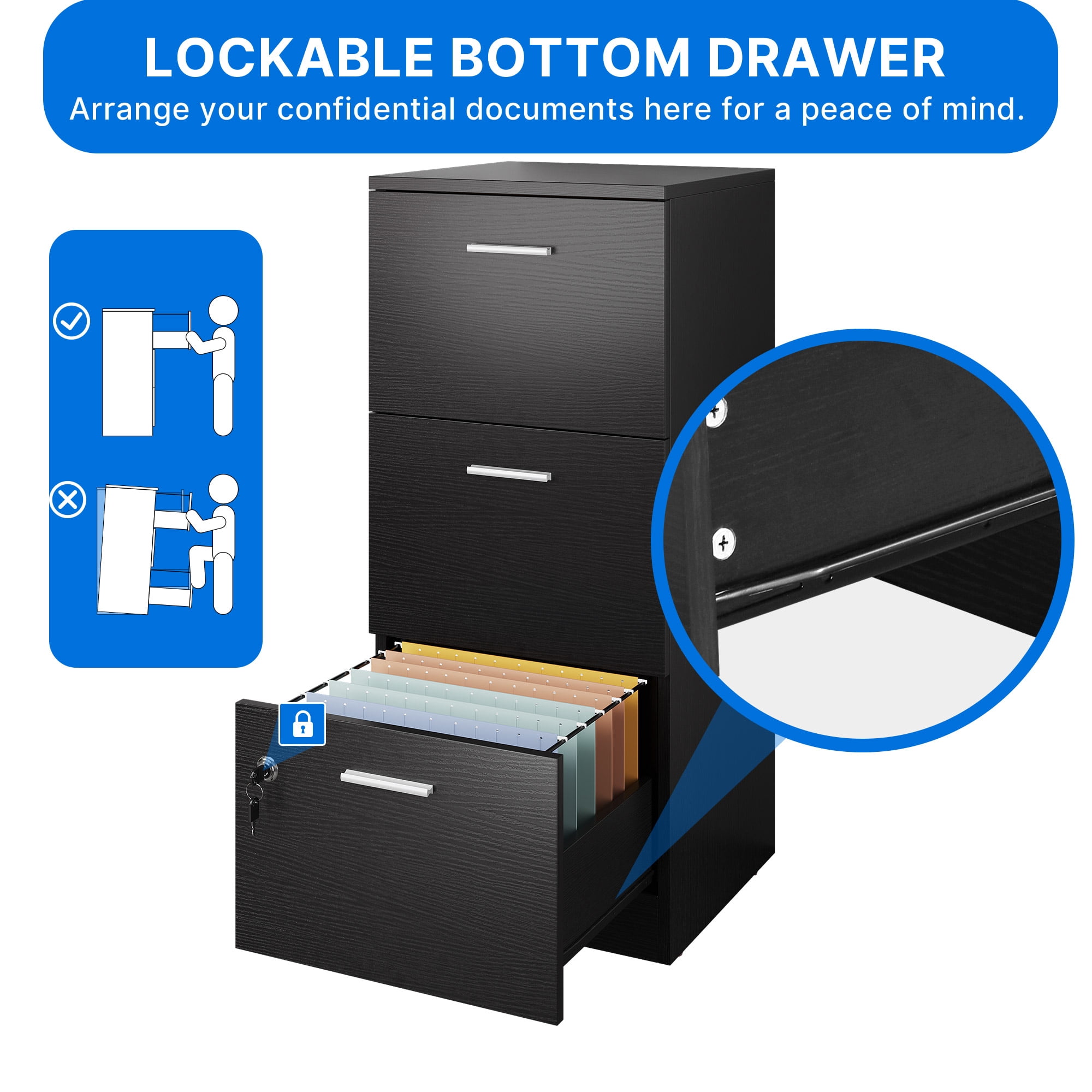 DEXTRUS 3-Drawer Wood File Cabinet with Lock,15.82" Vertical Filing Cabinet for Letter A4-Sized Files, Chest Organizer Office Storage, Black