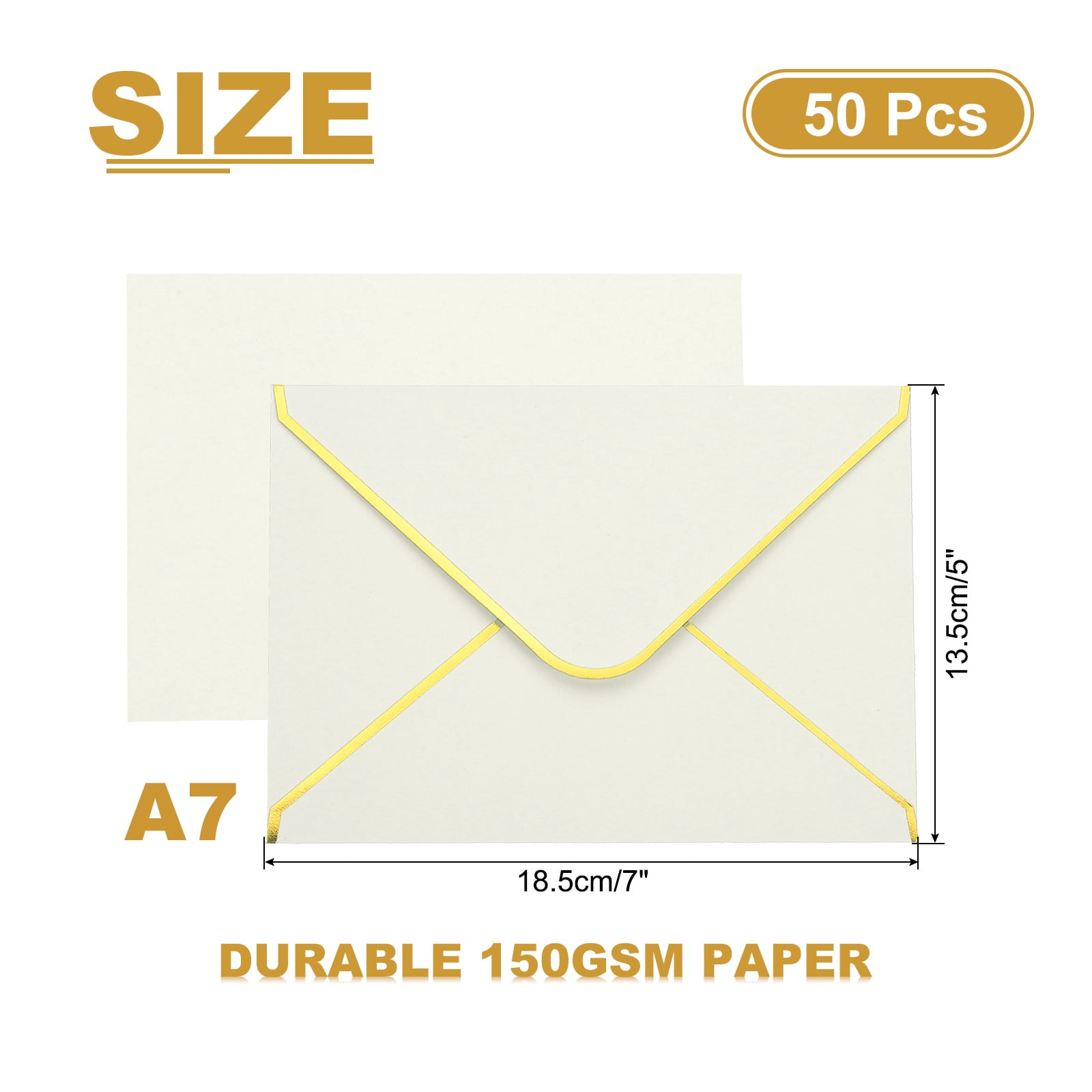 Uxcell 50 Pack A7 Envelopes, 5x7 Card V Flap Envelope Round Edge Valentine Envelopes with Gold Border for Office Wedding Card Invitations Graduation Party Gift, Beige