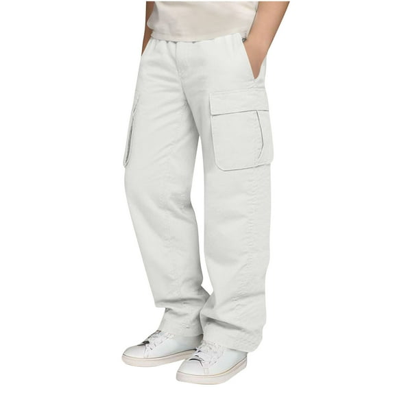 Lenpel Children's Cargo Pants Boys Girls Elastic Waist Pull on Athletic Hiking Pants Loose Travel Casual Trousers with Pockets(White,12-13 Years)