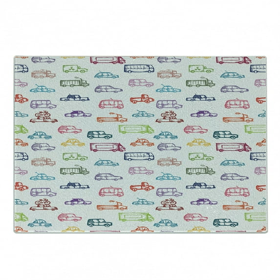 Cars Cutting Board, Various Types of Vehicles Bus Truck Garbage Truck Sports Car Vibrant Colored Design, Decorative Tempered Glass Cutting and Serving Board, Small Size, Multicolor, by Ambesonne