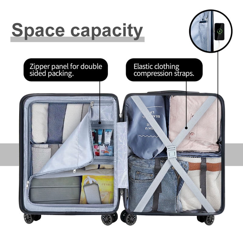 Checked Luggage PC ABS Hardside Suitcase with wheels USB Port Lightweight Luggage with TSA Lock 28 inch Silver