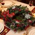 thumbnail image 6 of Christmas Wreath, 18 Inch Artificial Wreath with Plaid Bow, Pinecones, Red Berries, Snowflakes, Bird, Winter Hanging Front Door Decor, 6 of 7