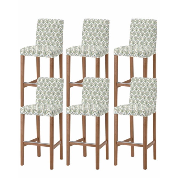 Vintage Abstract Bar Stool Covers Set of 6, Retro Floral Texture Green Stretch Washable Bar Chair Covers with Backs, Removable Pub Counter Height Chair Cover for Kitchen Dining Room Cafe