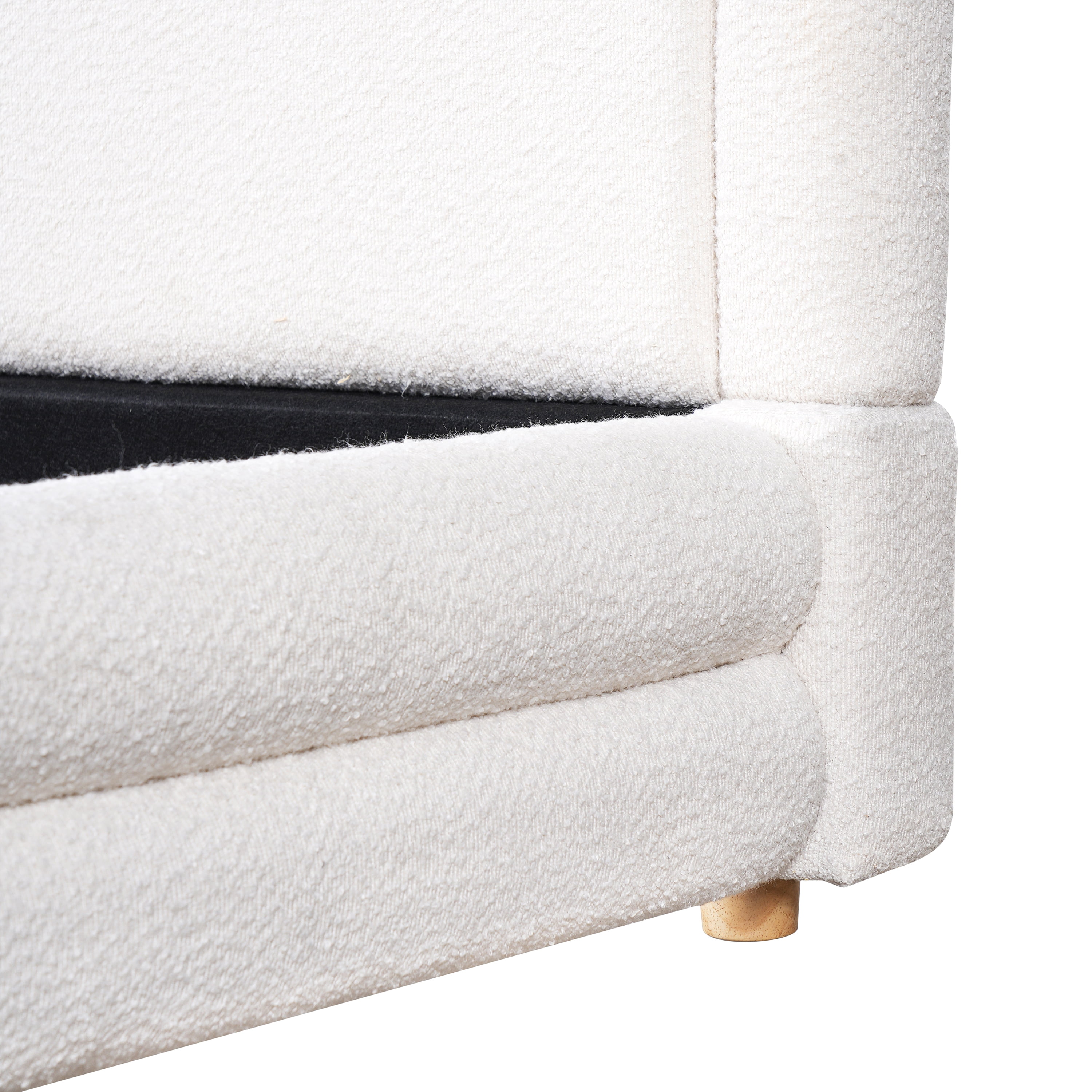 King Size Bed Frame with Boucle Upholstered Thick Curved Headboard & Solid Wood Legs, Platform Bed for Bedroom, White
