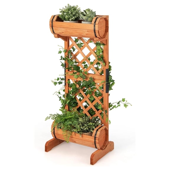 Raised Garden Bed with Trellis, Outdoor Wood Garden Planter W/ 2-Tier Round Planter Box & Trellis for Vine Climbing Plants Growing, Vertical Plant Container for Garden Patio Balcony, Orange