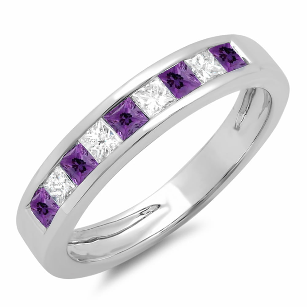 Size 9 White Gold Dazzlingrock Collection 14K 2 MM Princess Amethyst Beaded Ladies Wedding Band