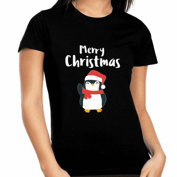 Santa Penguin Plus Size Christmas Shirts for Women Plus Size Funny Christmas T Shirts for Women Plus Size