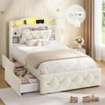 thumbnail image 6 of Twin Bed Frame with LED Lights & Power Outlets & Storage Headboard, Modern Metal Platform Bed Frame with Drawers, Velvet Upholstered Beds for Teen Girls, Beige, 6 of 9