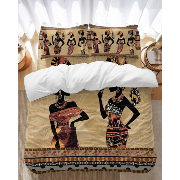 African Women Bedding Duvet Cover Set Full Size 4 Pieces Silhouette Ethnic Style Traditional Vintage Bedding Set with Zipper Closure, 1 Comforter Cover 86x86 Inches 1 Flat Sheet & 2 Pillow Cases